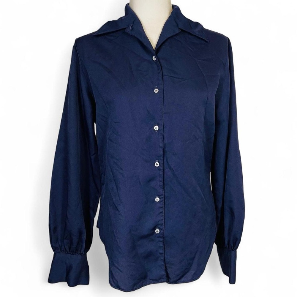 Vintage 70s 80s Evan-Picone Size 12 Union Made Button Down Shirt Blouse Navy